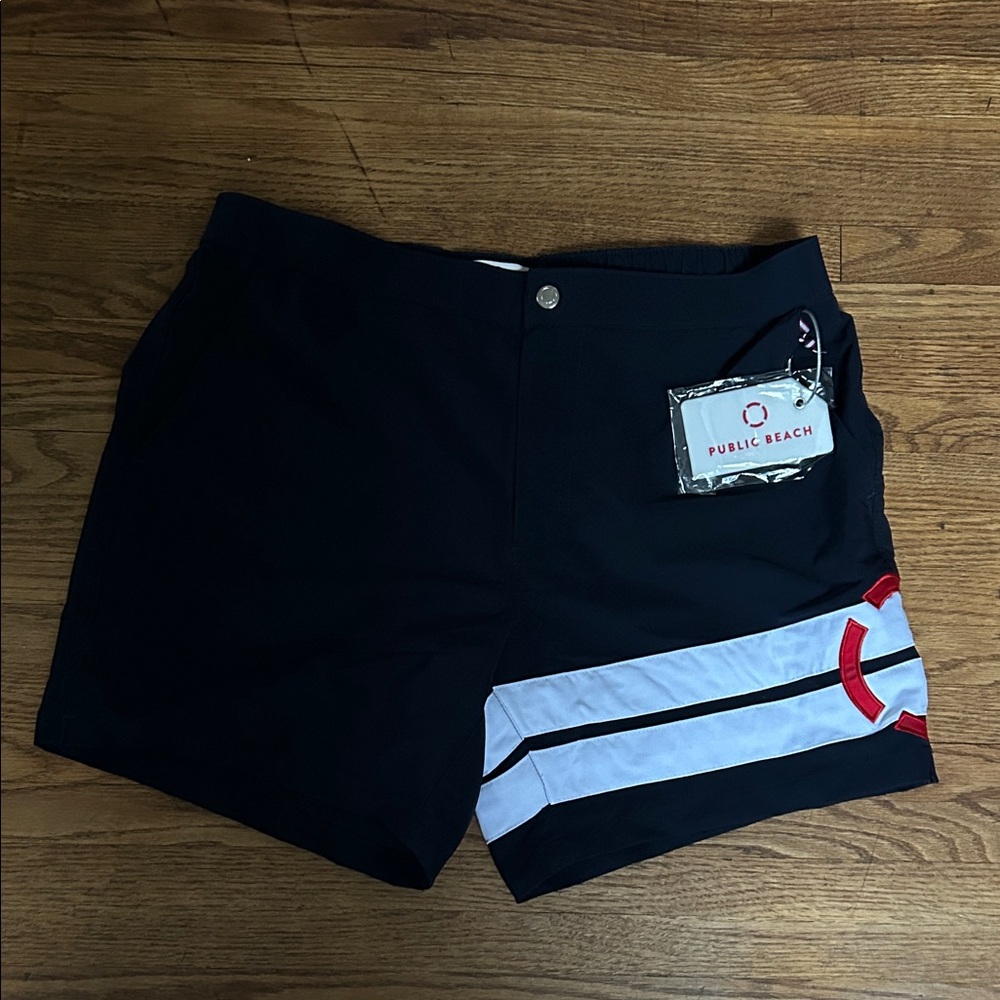 Public Beach Shorts - Midnight Blue with White and Red Accents